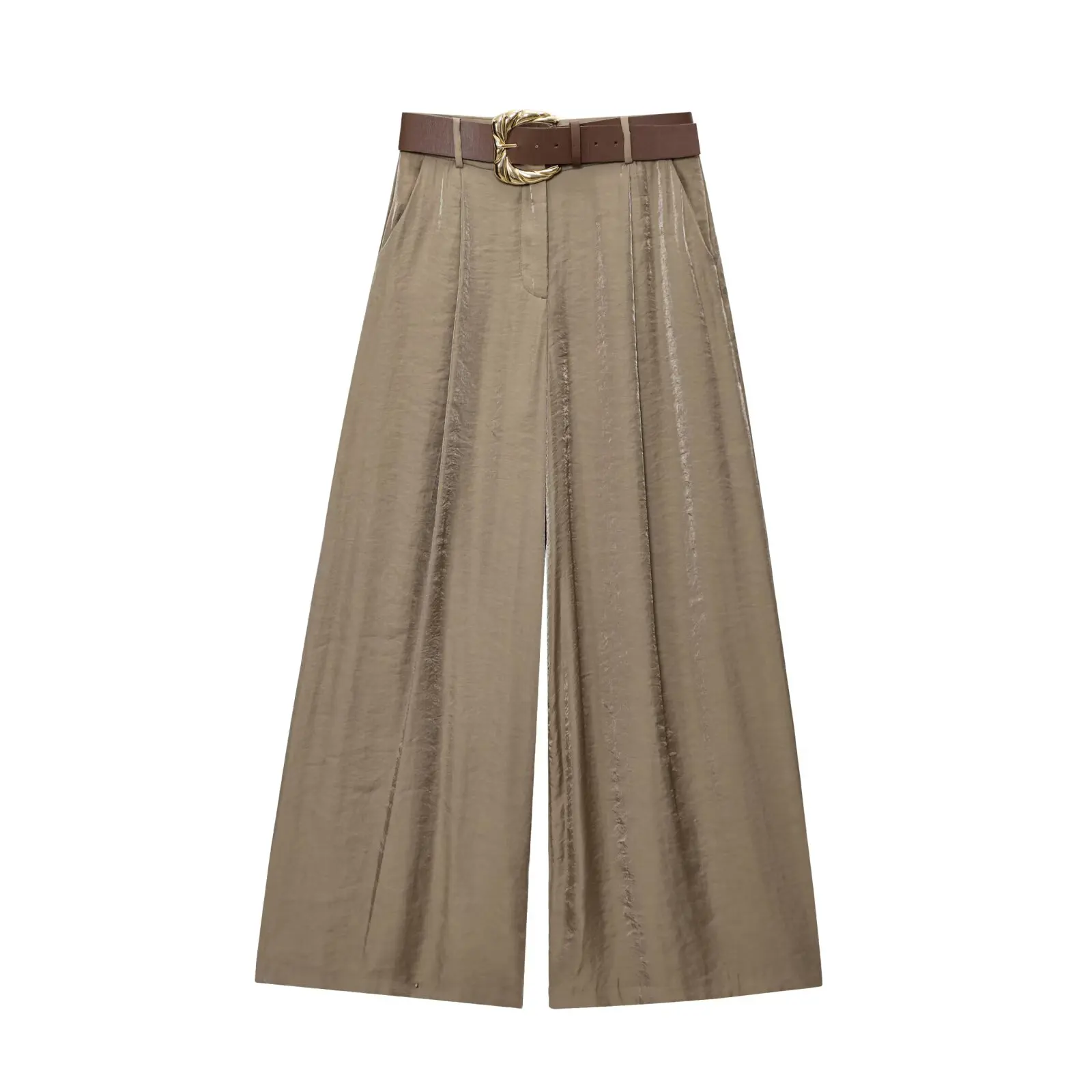 2026 New Fashion Women's Vintage Designer Smooth Satin Pants with Belt Lady Elegant High Waist Loose Wide Leg Straight Trousers