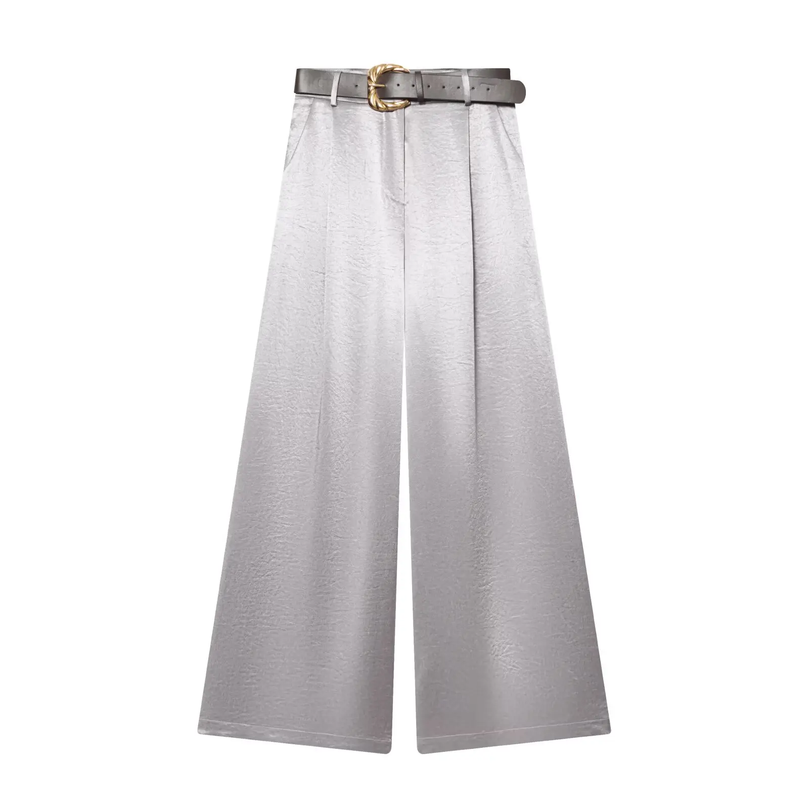 2026 New Fashion Women's Vintage Designer Smooth Satin Pants with Belt Lady Elegant High Waist Loose Wide Leg Straight Trousers
