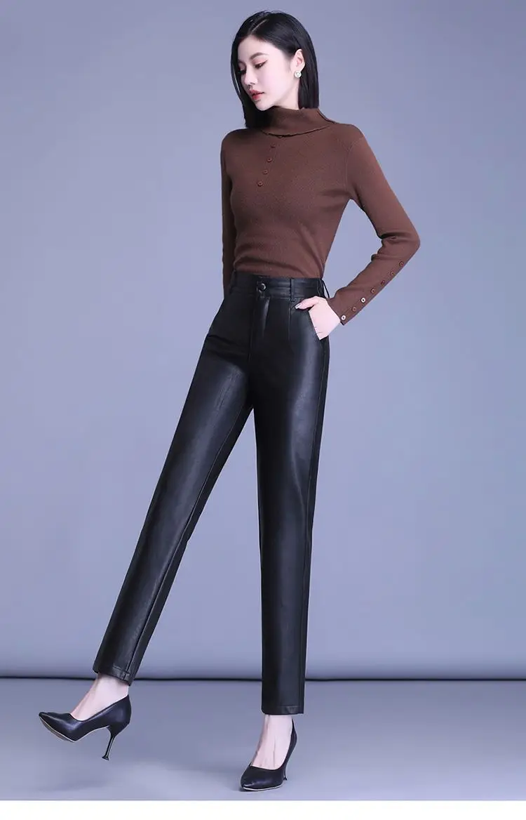 Genuine Leather Pants Women's Sheepskin Ankle-Tied Harem Autumn and Winter New Casual Pants Elastic High Waist Pants