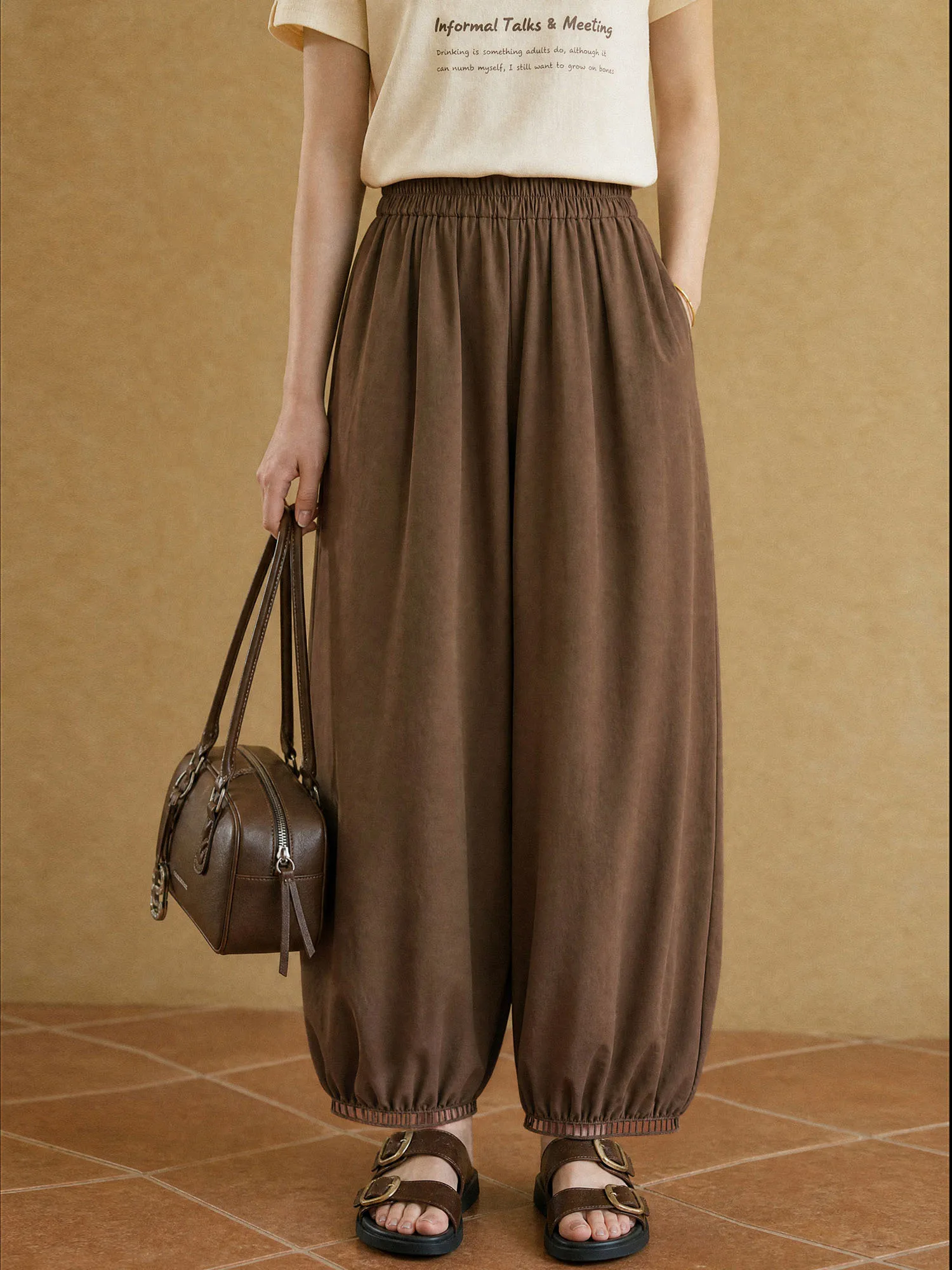 XIAOGULI 150-160cm Petite Women Pants Caramel Brown Leg Lengthening Elastic High Waist Ankle Length Trousers Lace Spliced Hem