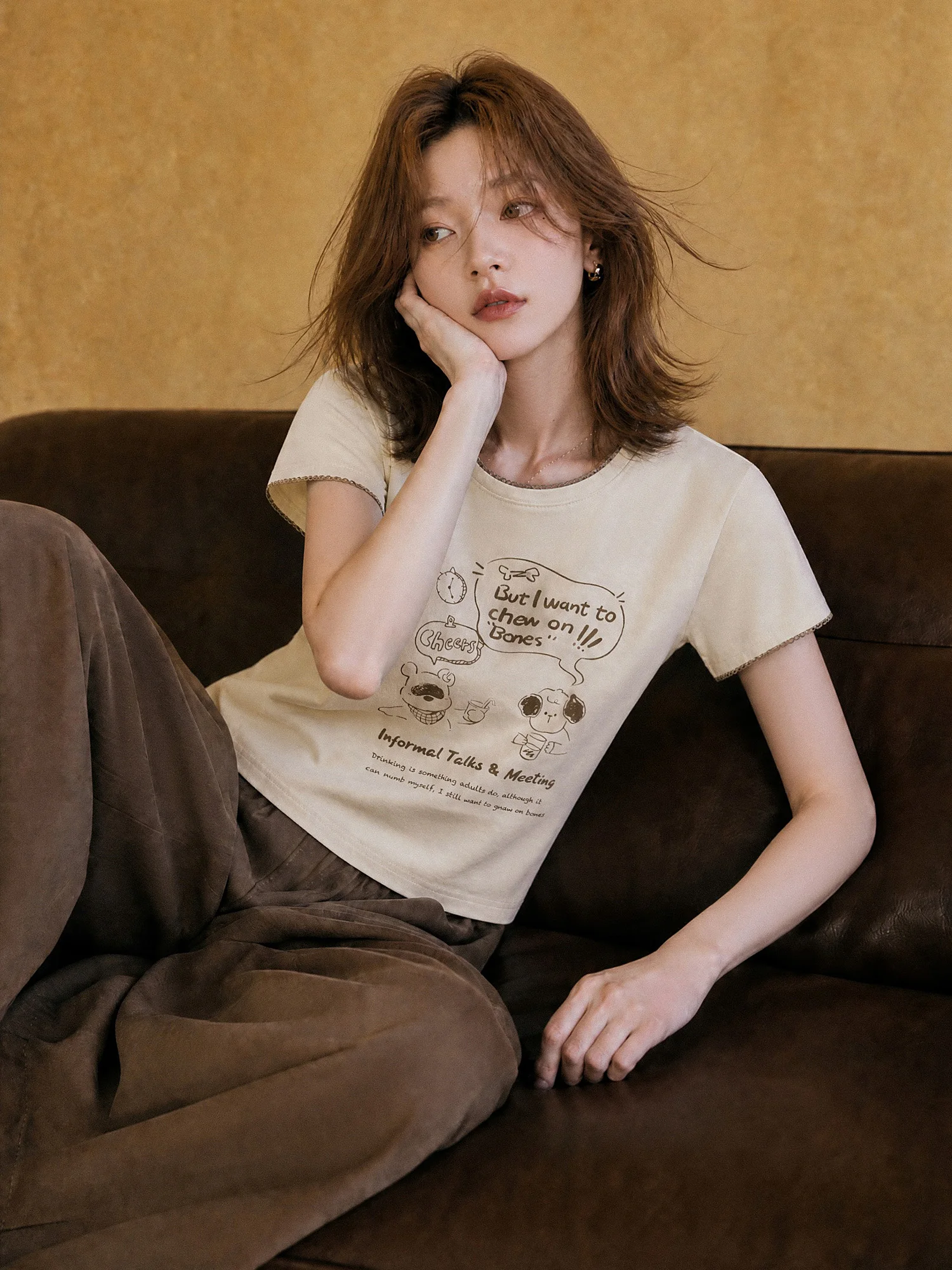XIAOGULI 150-160cm Petite Women Pants Caramel Brown Leg Lengthening Elastic High Waist Ankle Length Trousers Lace Spliced Hem