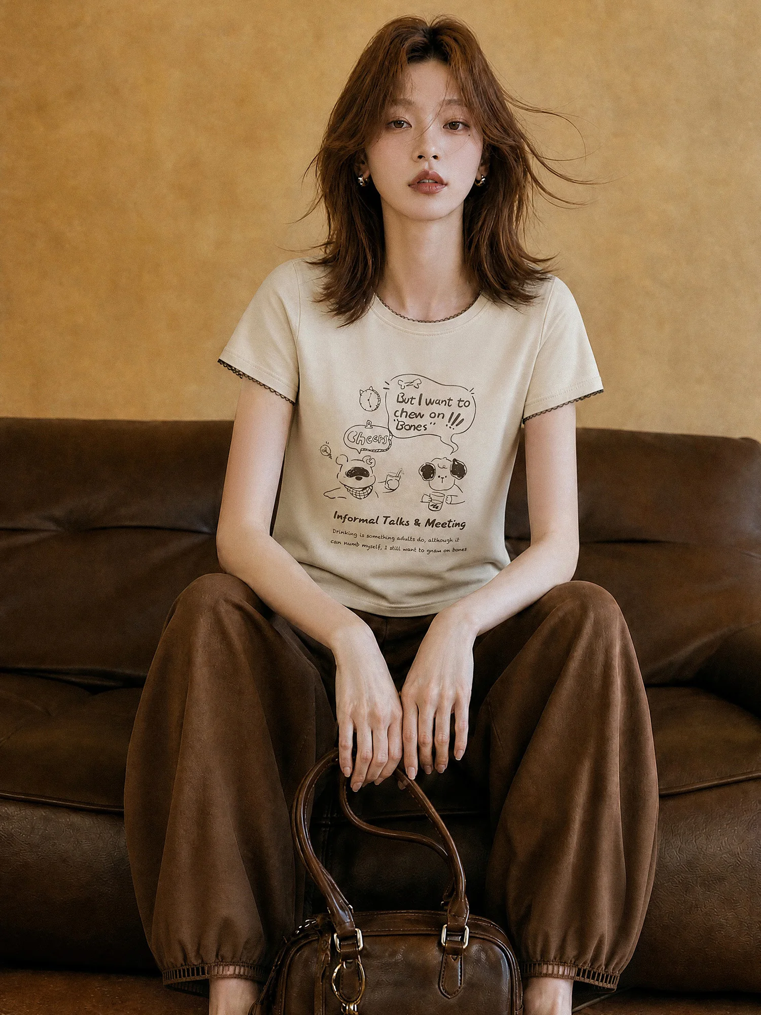 XIAOGULI 150-160cm Petite Women Pants Caramel Brown Leg Lengthening Elastic High Waist Ankle Length Trousers Lace Spliced Hem