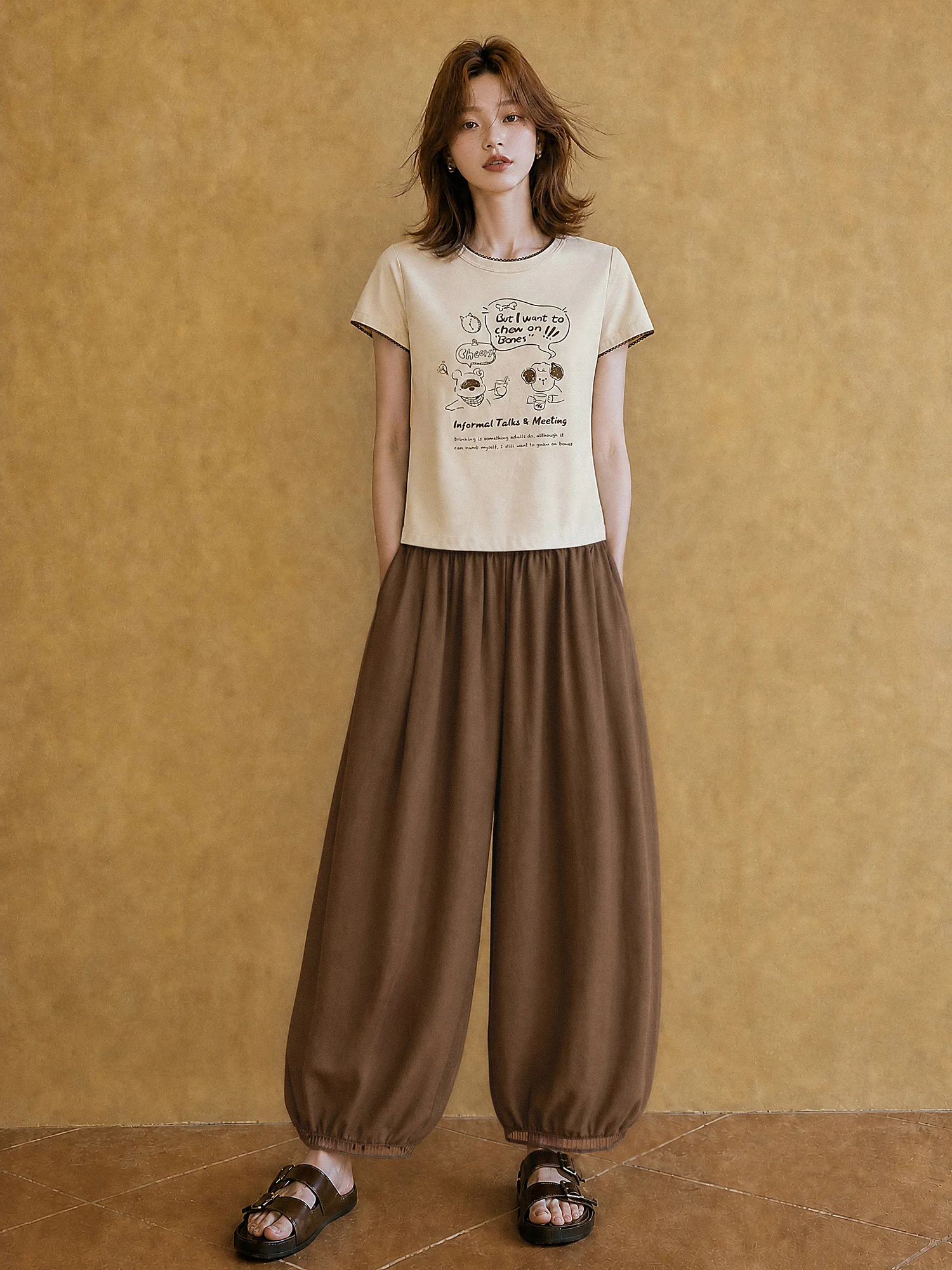 XIAOGULI 150-160cm Petite Women Pants Caramel Brown Leg Lengthening Elastic High Waist Ankle Length Trousers Lace Spliced Hem