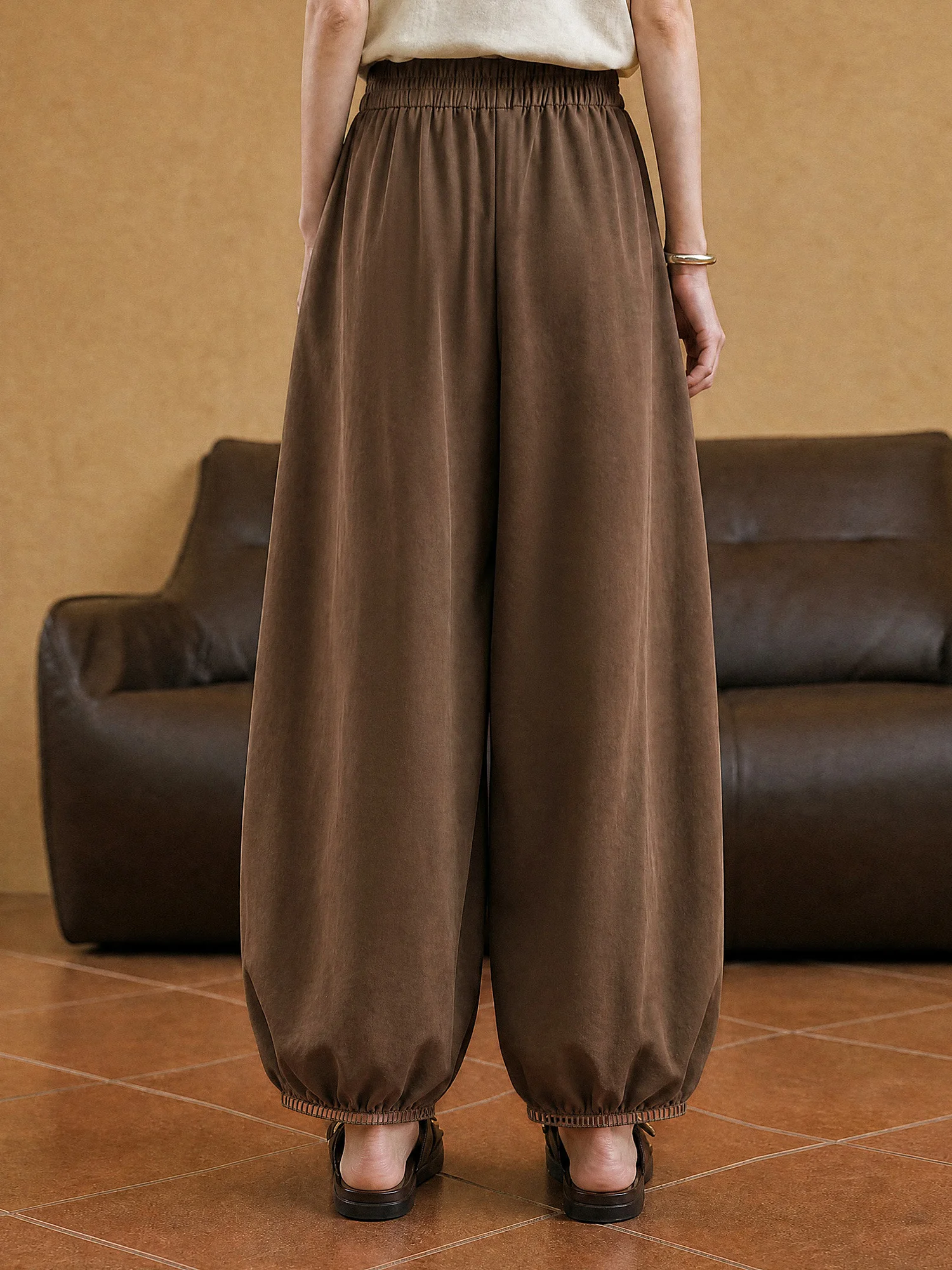 XIAOGULI 150-160cm Petite Women Pants Caramel Brown Leg Lengthening Elastic High Waist Ankle Length Trousers Lace Spliced Hem