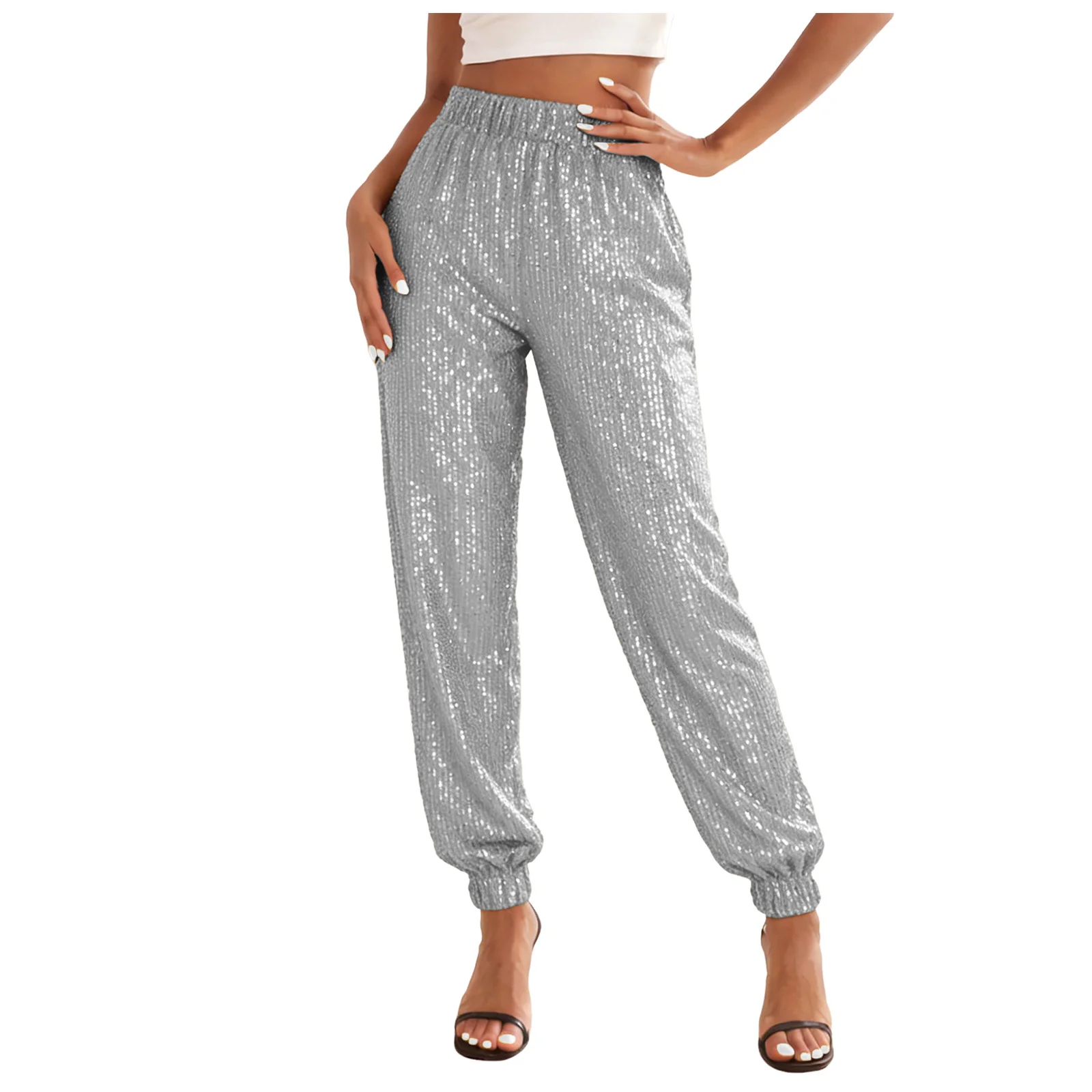 Sparkly Pants Women High Waist Glitter Sequins Pants Street Hip-Hop Casual Party Clubwear Festive Carnival Long Trousers