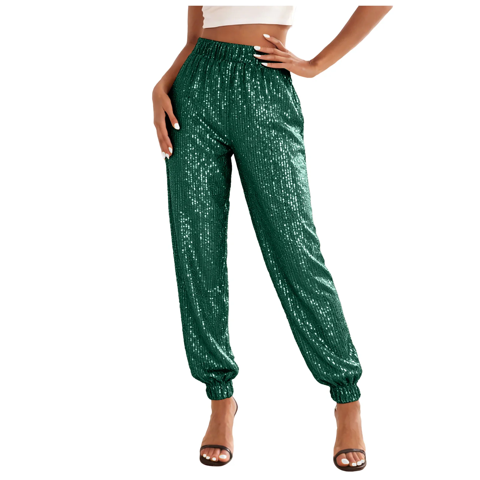 Sparkly Pants Women High Waist Glitter Sequins Pants Street Hip-Hop Casual Party Clubwear Festive Carnival Long Trousers