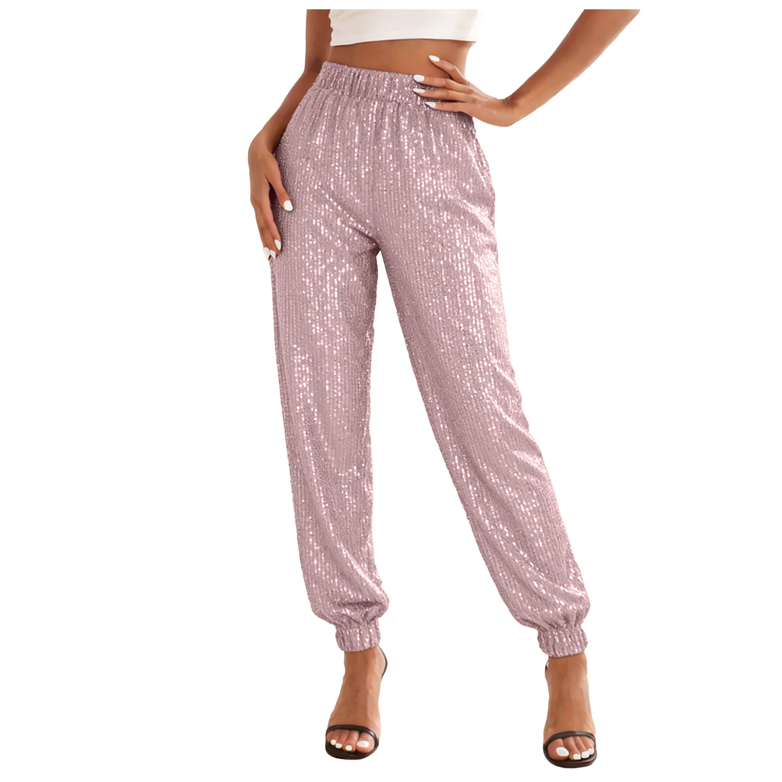 Sparkly Pants Women High Waist Glitter Sequins Pants Street Hip-Hop Casual Party Clubwear Festive Carnival Long Trousers
