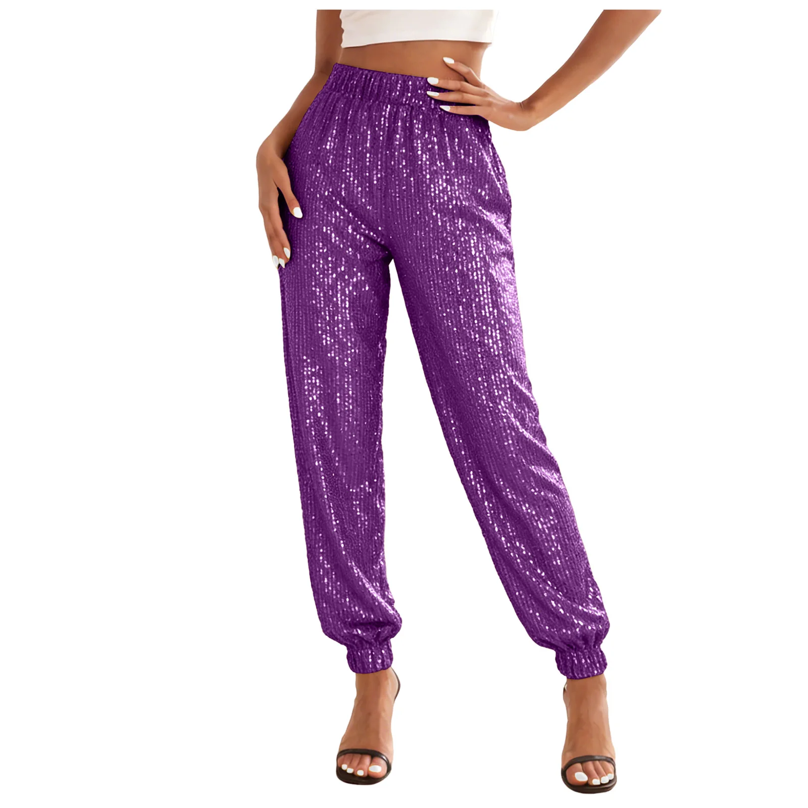 Sparkly Pants Women High Waist Glitter Sequins Pants Street Hip-Hop Casual Party Clubwear Festive Carnival Long Trousers