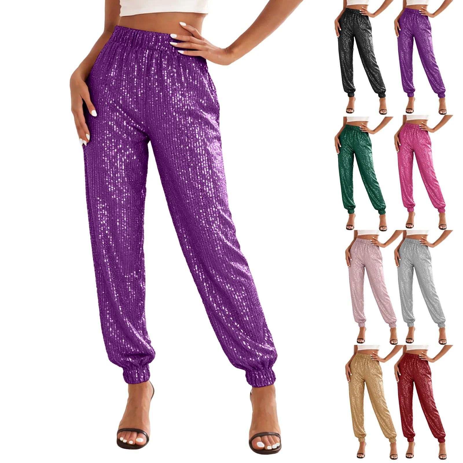 Sparkly Pants Women High Waist Glitter Sequins Pants Street Hip-Hop Casual Party Clubwear Festive Carnival Long Trousers