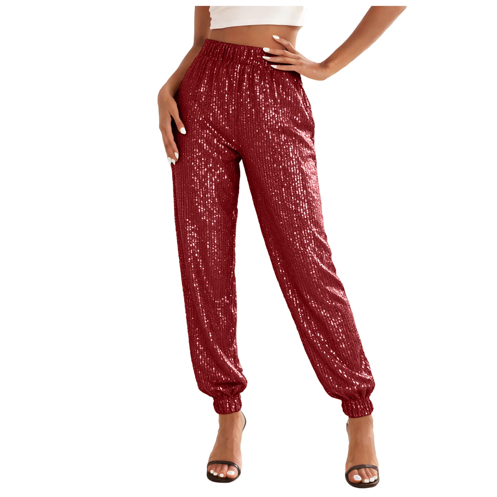 Sparkly Pants Women High Waist Glitter Sequins Pants Street Hip-Hop Casual Party Clubwear Festive Carnival Long Trousers