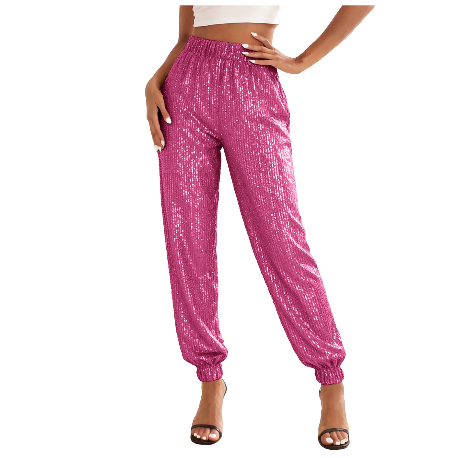 Sparkly Pants Women High Waist Glitter Sequins Pants Street Hip-Hop Casual Party Clubwear Festive Carnival Long Trousers