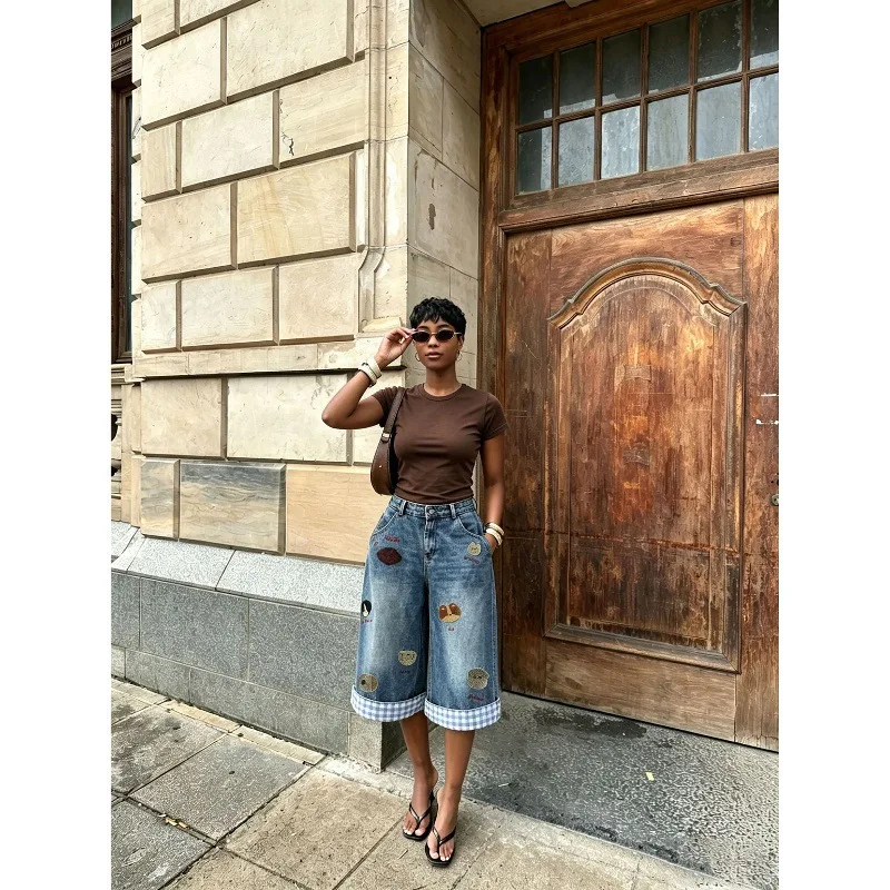 Women Denim Pant Jeans Vintage Wide Leg Long Pants High Waist Trousers Y2k Streetwear Elegant Splice Work Casual Loose Summer
