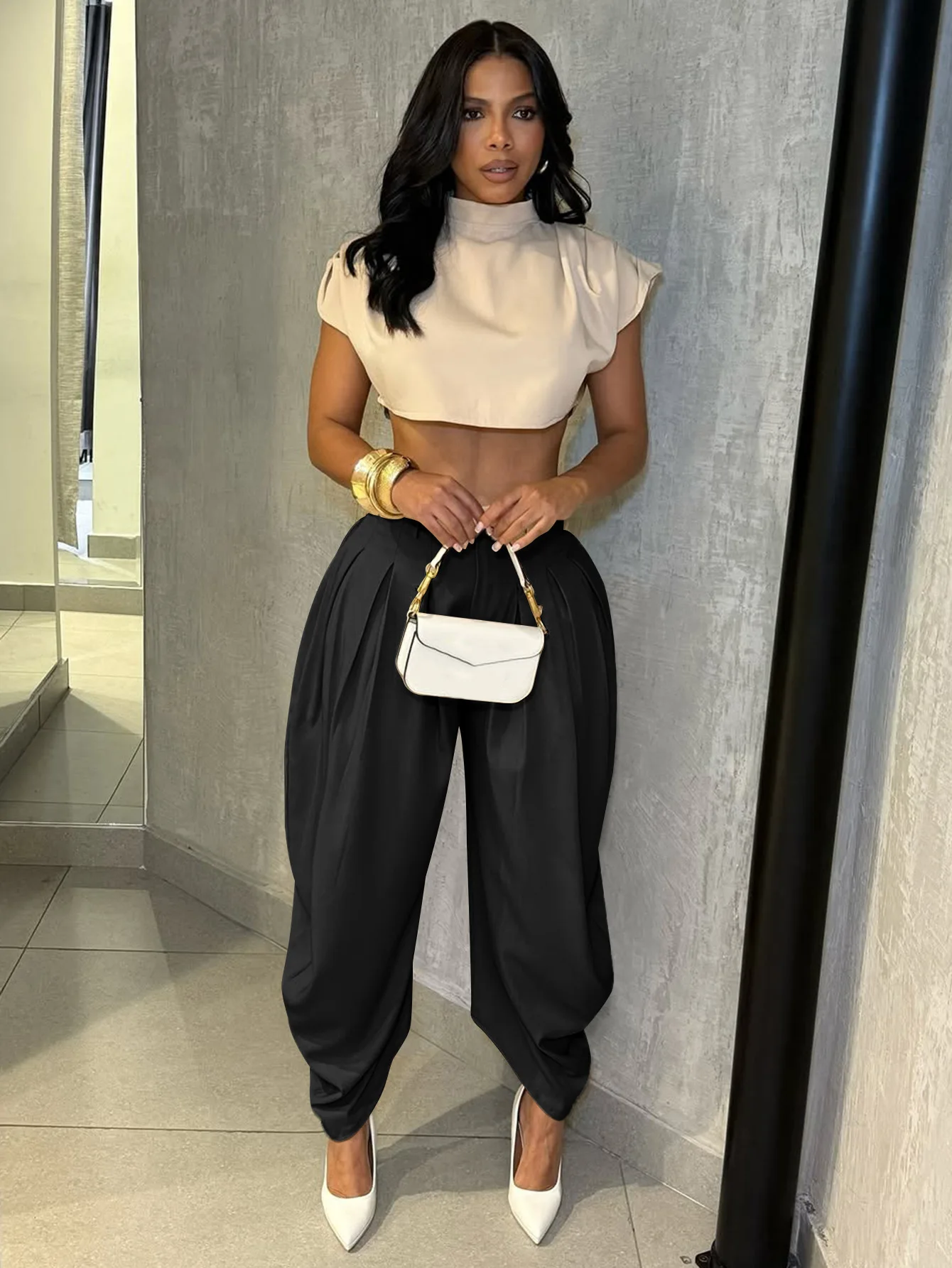 HLJ Fashion Flower Bud Pants for Women Solid Color Buttons Ruched Patchwork Wide-leg Pants Female Streetwear Bottoms 2025 New