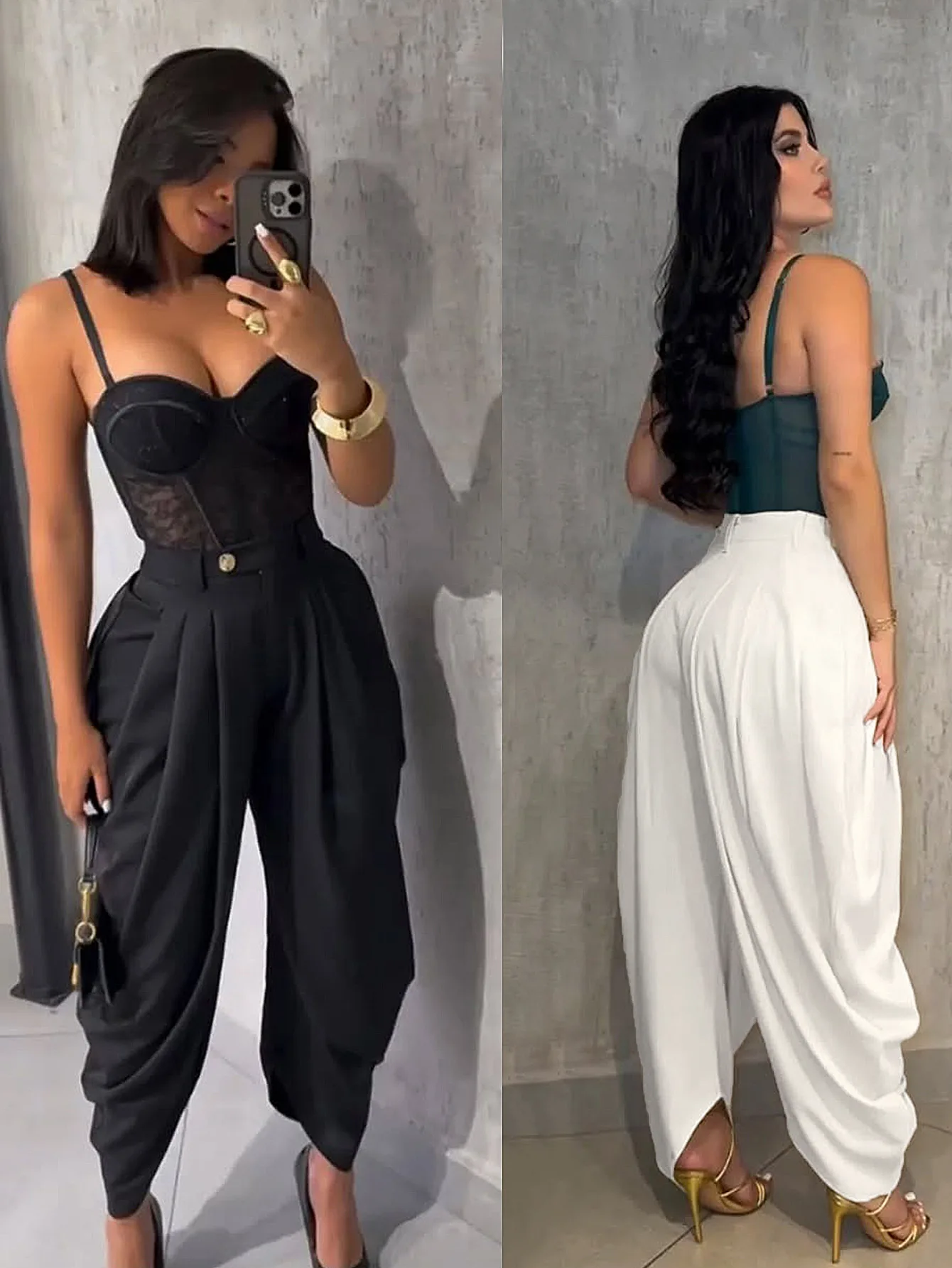 HLJ Fashion Flower Bud Pants for Women Solid Color Buttons Ruched Patchwork Wide-leg Pants Female Streetwear Bottoms 2025 New