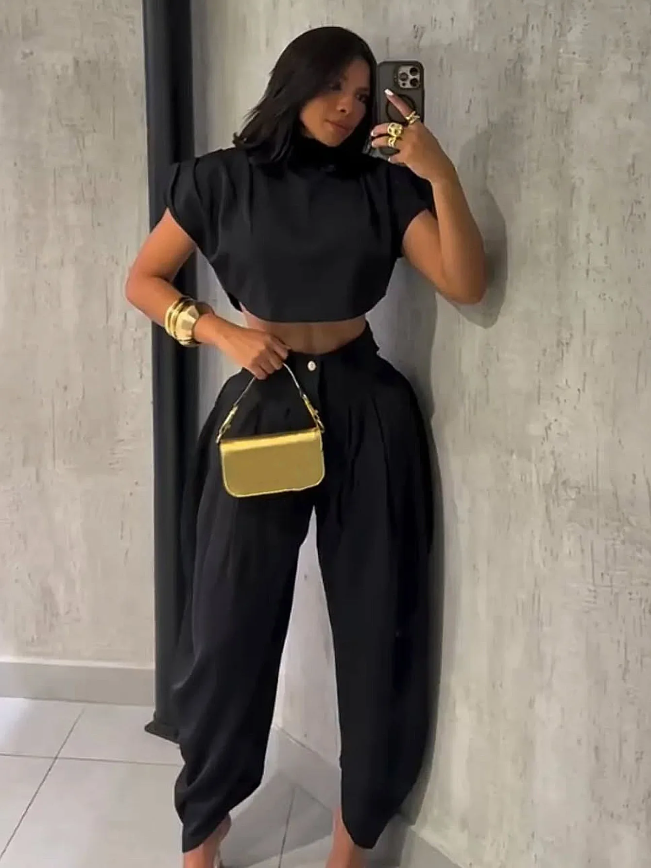 HLJ Fashion Flower Bud Pants for Women Solid Color Buttons Ruched Patchwork Wide-leg Pants Female Streetwear Bottoms 2025 New