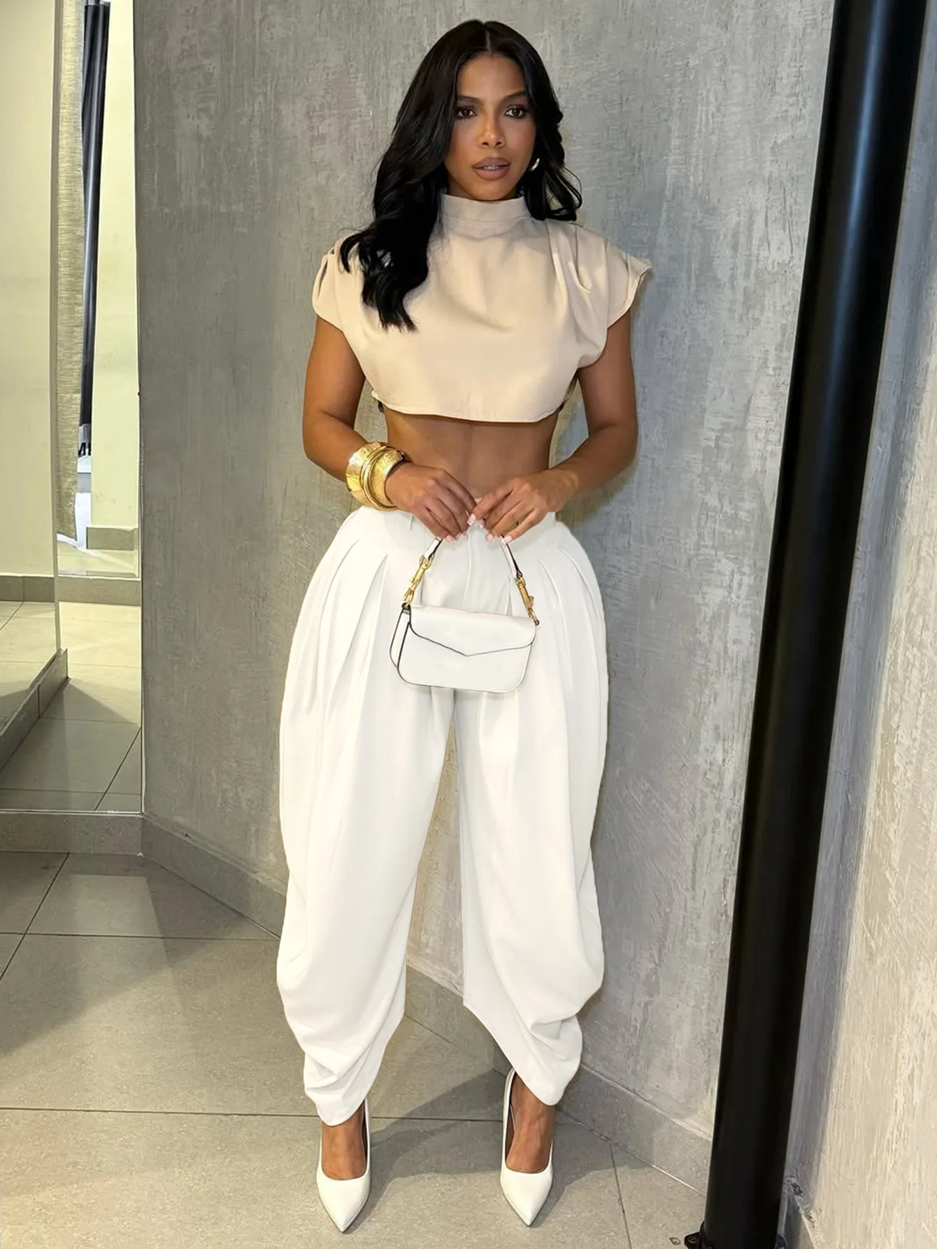 HLJ Fashion Flower Bud Pants for Women Solid Color Buttons Ruched Patchwork Wide-leg Pants Female Streetwear Bottoms 2025 New