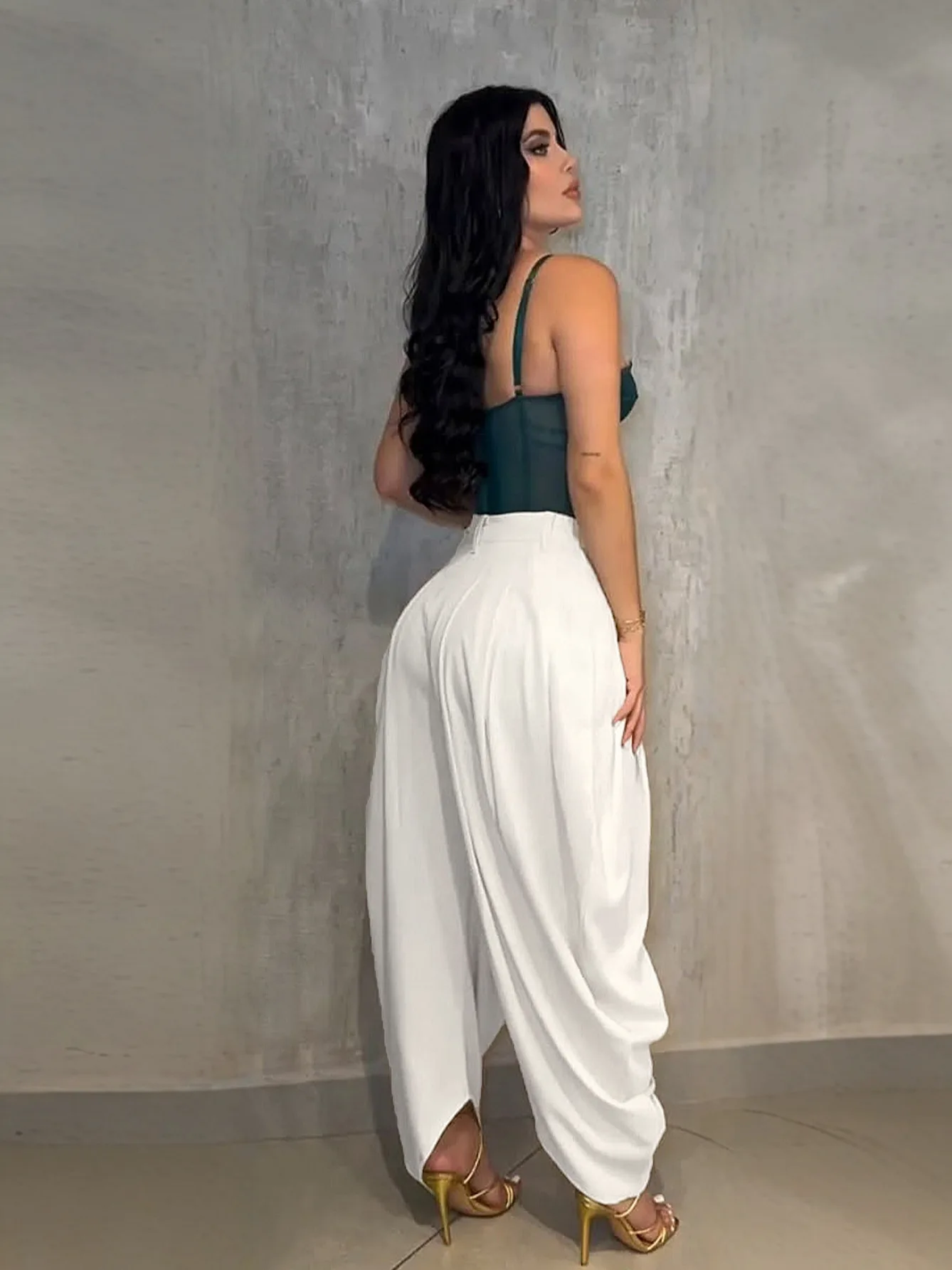 HLJ Fashion Flower Bud Pants for Women Solid Color Buttons Ruched Patchwork Wide-leg Pants Female Streetwear Bottoms 2025 New