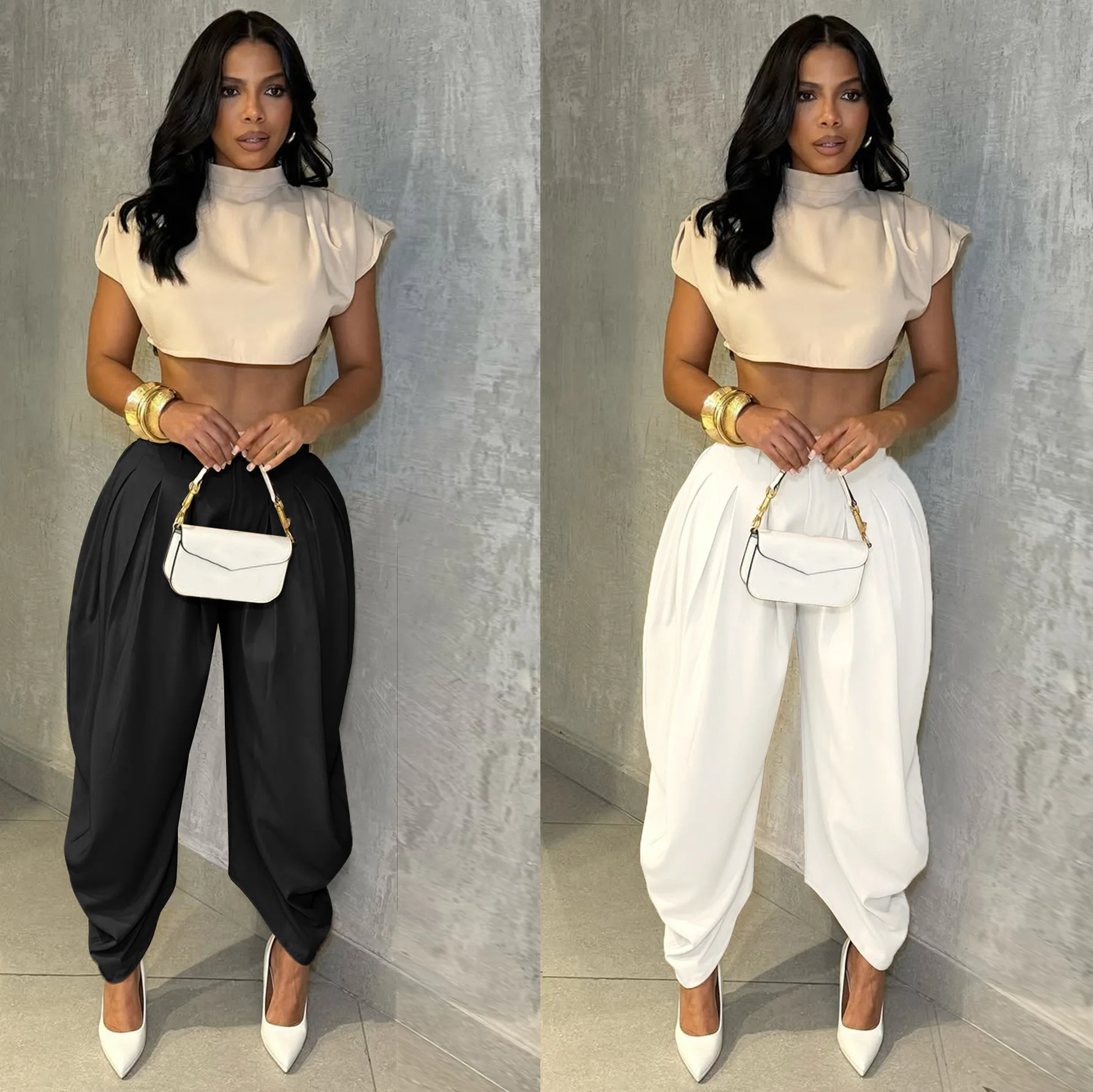 HLJ Fashion Flower Bud Pants for Women Solid Color Buttons Ruched Patchwork Wide-leg Pants Female Streetwear Bottoms 2025 New
