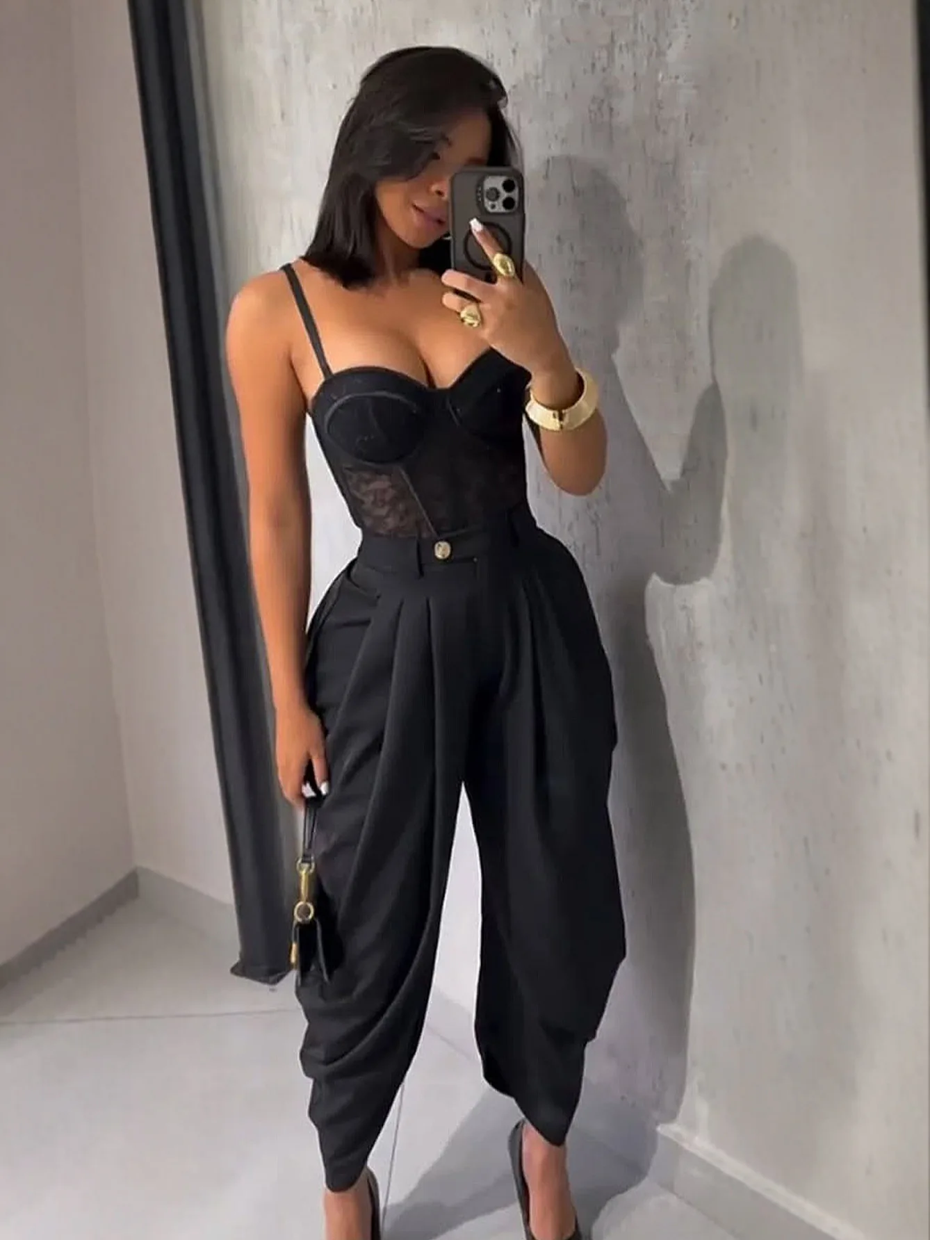 HLJ Fashion Flower Bud Pants for Women Solid Color Buttons Ruched Patchwork Wide-leg Pants Female Streetwear Bottoms 2025 New