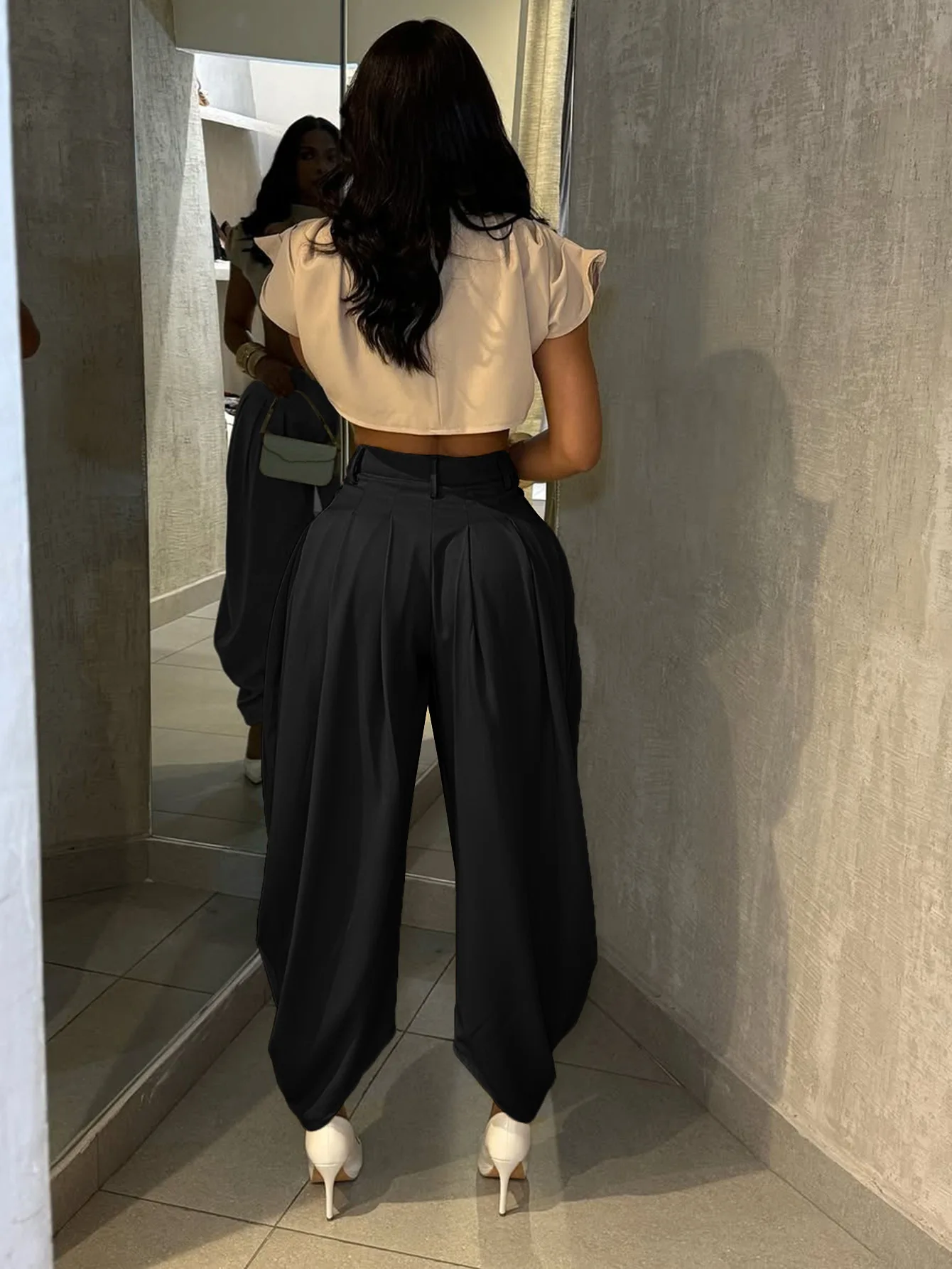 HLJ Fashion Flower Bud Pants for Women Solid Color Buttons Ruched Patchwork Wide-leg Pants Female Streetwear Bottoms 2025 New