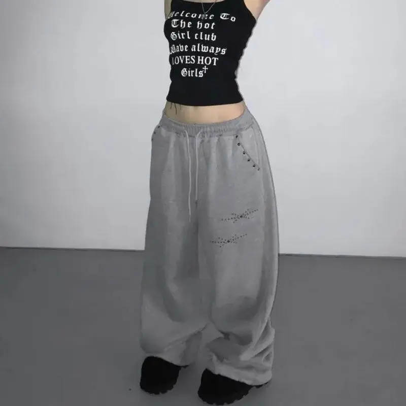 Y2k Joggers for Women Korean Sweatpants Fashion Wide Leg Pants Pantalon Femme Drawstring Diamond Casual Streetwear BF Trousers