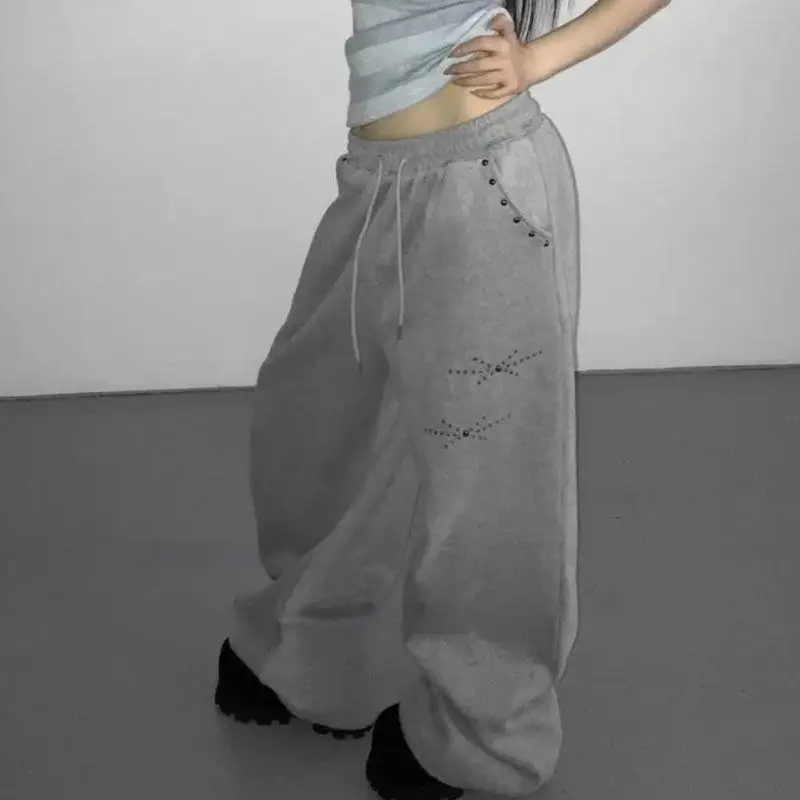 Y2k Joggers for Women Korean Sweatpants Fashion Wide Leg Pants Pantalon Femme Drawstring Diamond Casual Streetwear BF Trousers