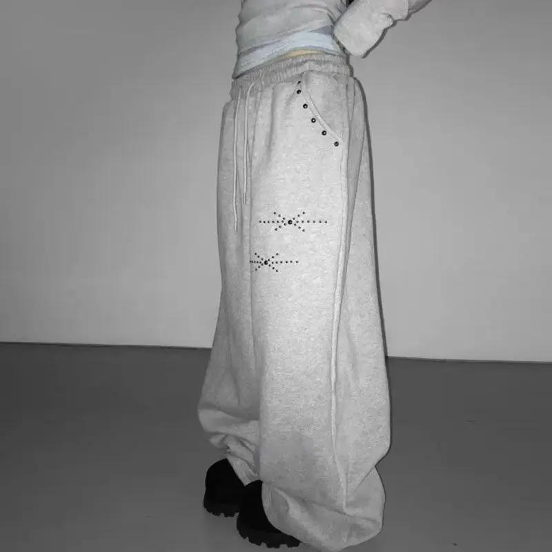 Y2k Joggers for Women Korean Sweatpants Fashion Wide Leg Pants Pantalon Femme Drawstring Diamond Casual Streetwear BF Trousers