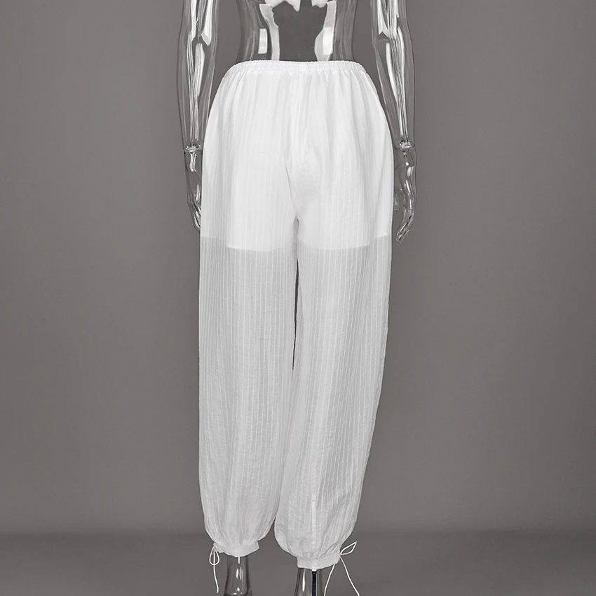 Linad Street Loose White Bloomers Pants Women Summer Elastic Waist Trousers Fashion Lace Up See Through Pants Female 2025 Sexy