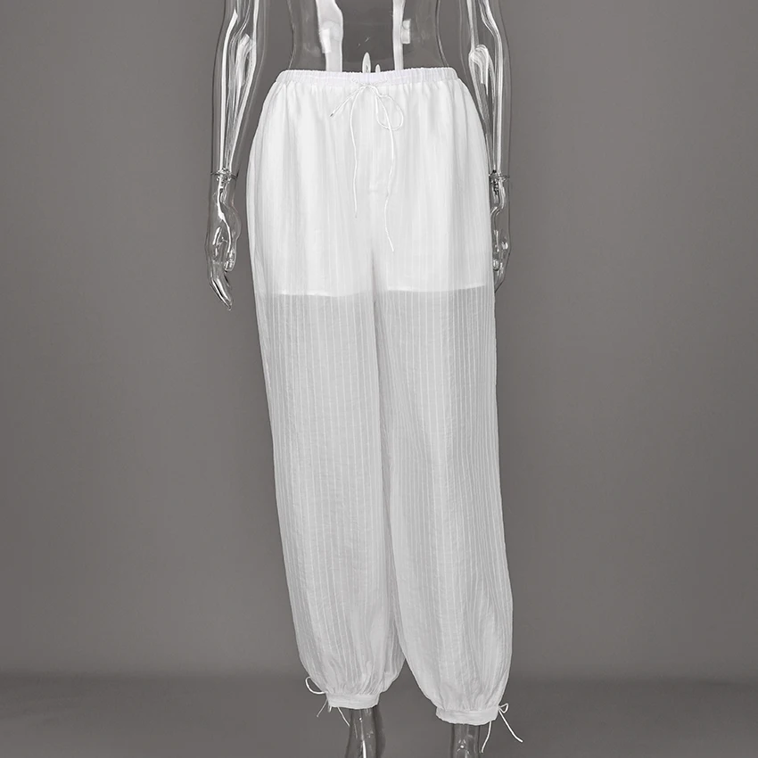 Linad Street Loose White Bloomers Pants Women Summer Elastic Waist Trousers Fashion Lace Up See Through Pants Female 2025 Sexy