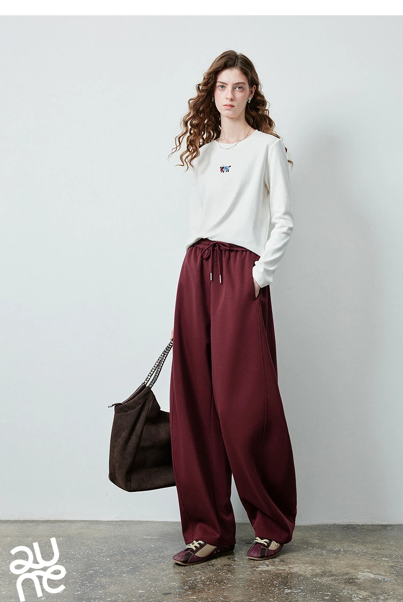 TOYOUTH Women's Soft Cotton Curved Leg Long Pants 2026 Fall New Arrival High Waist Drawstring Loose Wide Leg Pear Shape Friendly