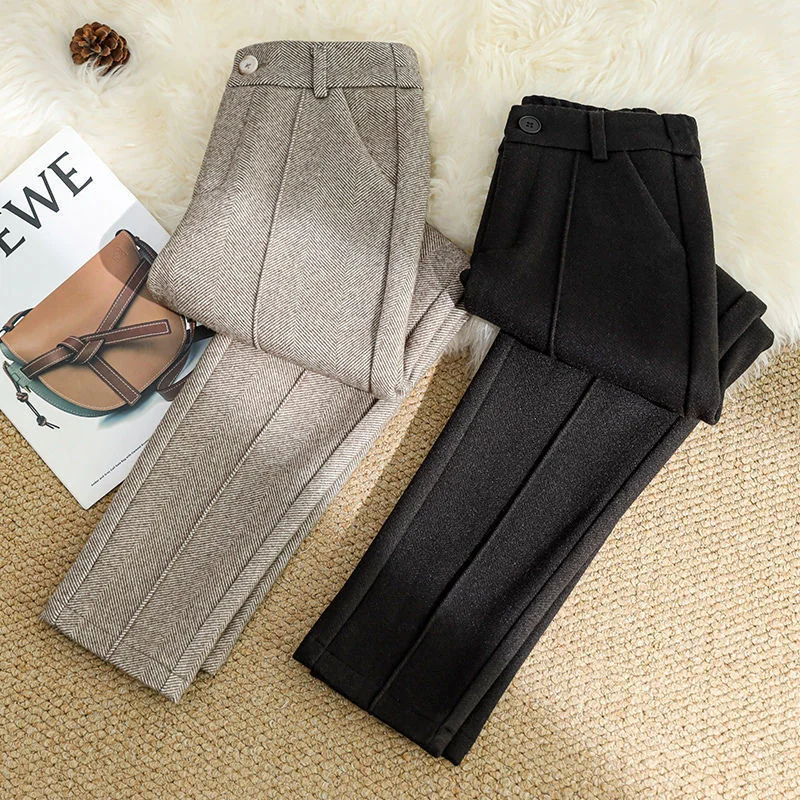 2025 New Fashion Autumn Women Woolen Pants Casual Lady High Waist Harem pants Female Winter Loose Thick Warm Trousers Women