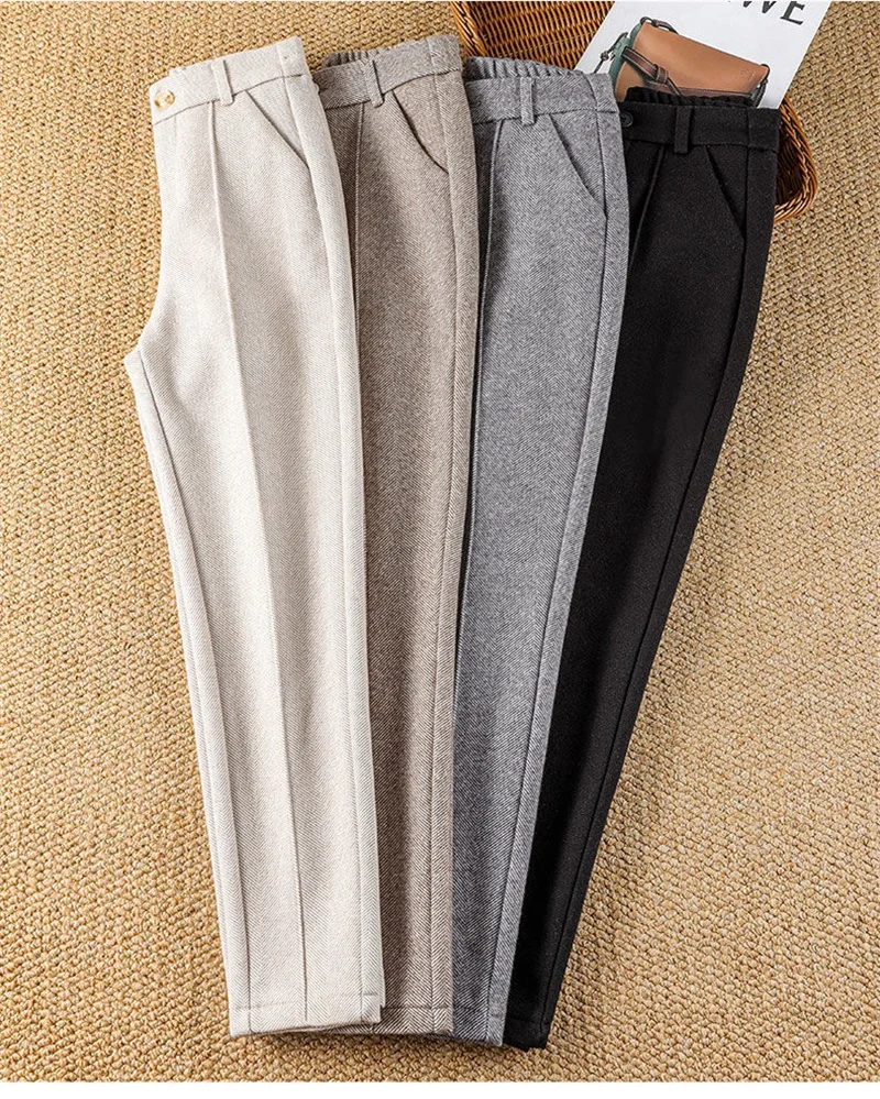 2025 New Fashion Autumn Women Woolen Pants Casual Lady High Waist Harem pants Female Winter Loose Thick Warm Trousers Women