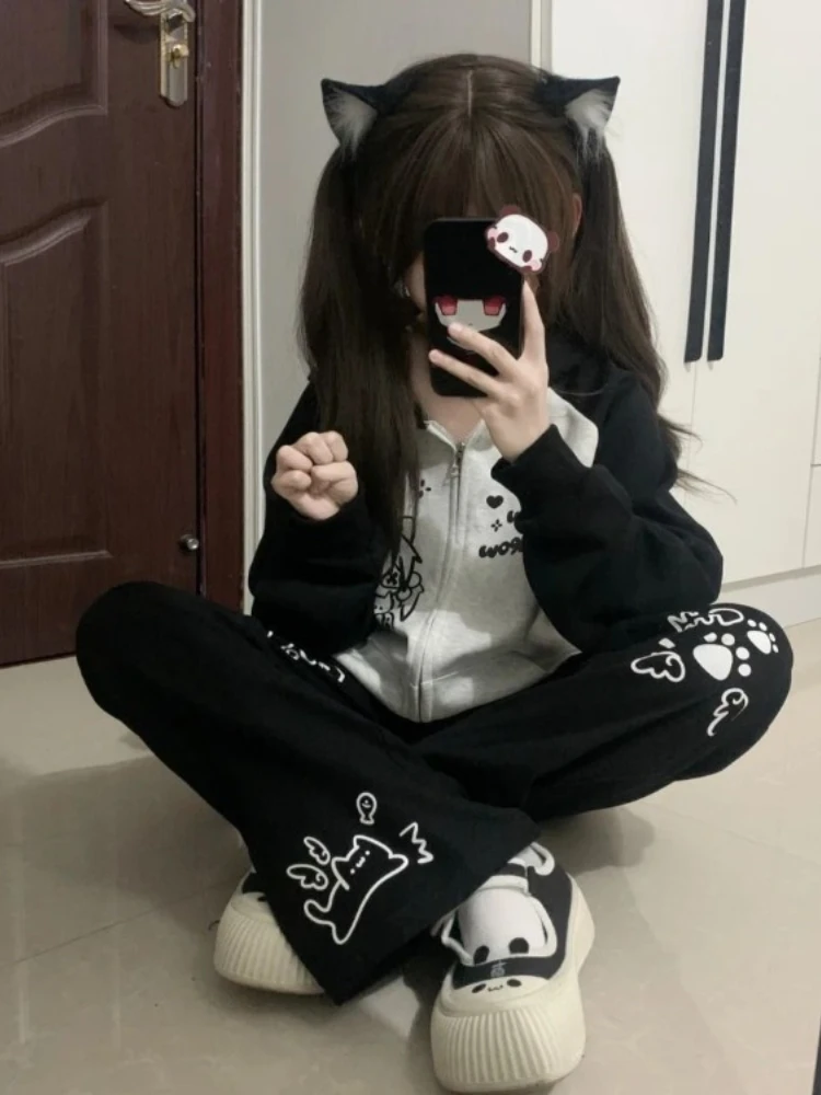 Cartoon Pants for Women Japanese Pantalon Femme Black Casual Fashion Wide Leg Pants 2025 New Bottoms Straight Summer Trousers