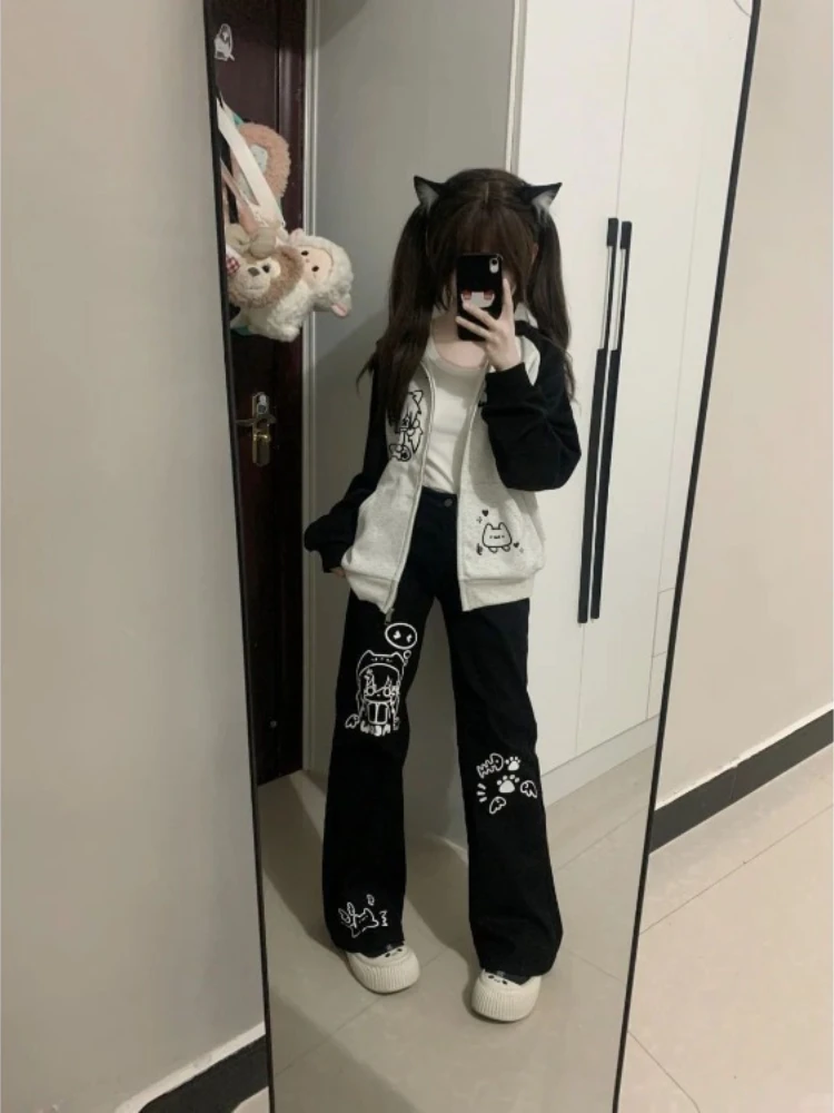 Cartoon Pants for Women Japanese Pantalon Femme Black Casual Fashion Wide Leg Pants 2025 New Bottoms Straight Summer Trousers