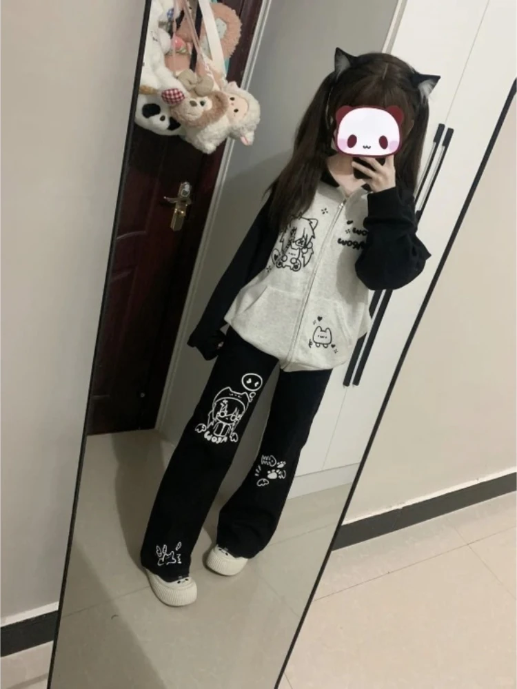 Cartoon Pants for Women Japanese Pantalon Femme Black Casual Fashion Wide Leg Pants 2025 New Bottoms Straight Summer Trousers