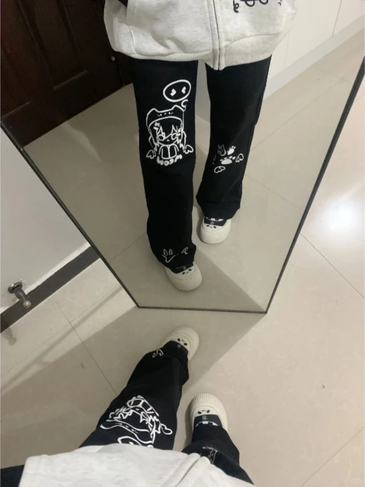Cartoon Pants for Women Japanese Pantalon Femme Black Casual Fashion Wide Leg Pants 2025 New Bottoms Straight Summer Trousers