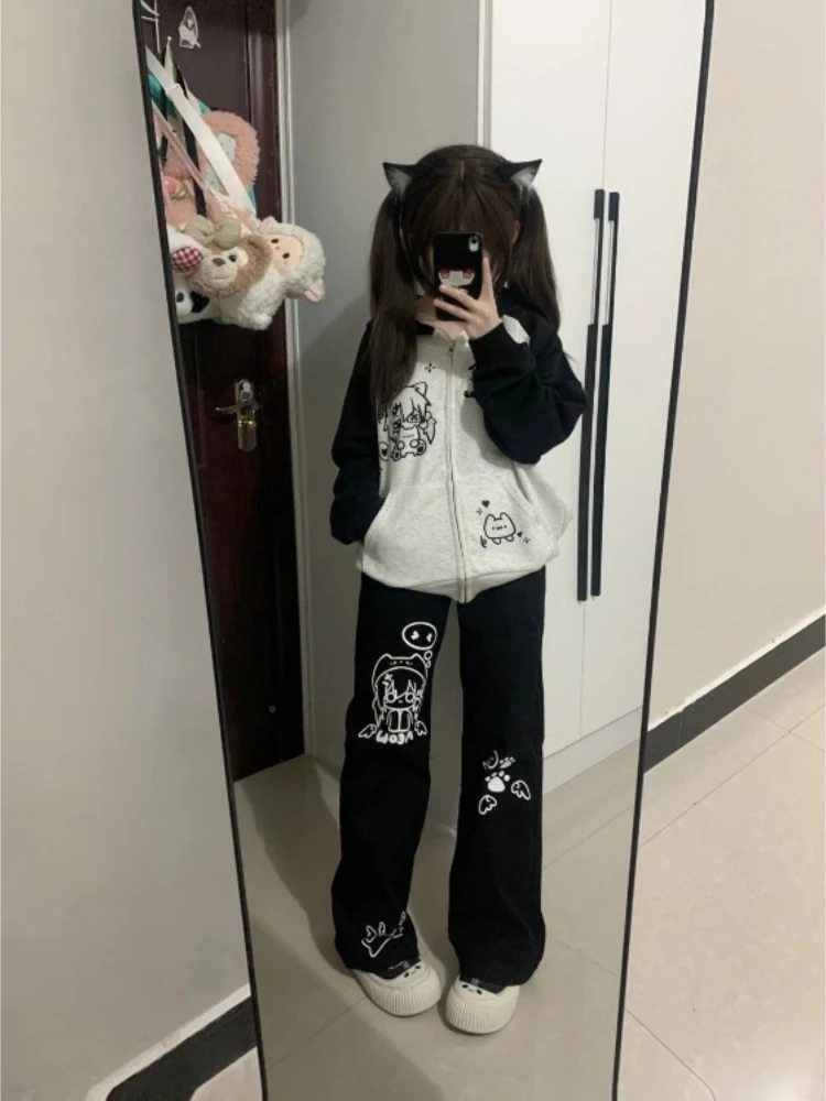 Cartoon Pants for Women Japanese Pantalon Femme Black Casual Fashion Wide Leg Pants 2025 New Bottoms Straight Summer Trousers
