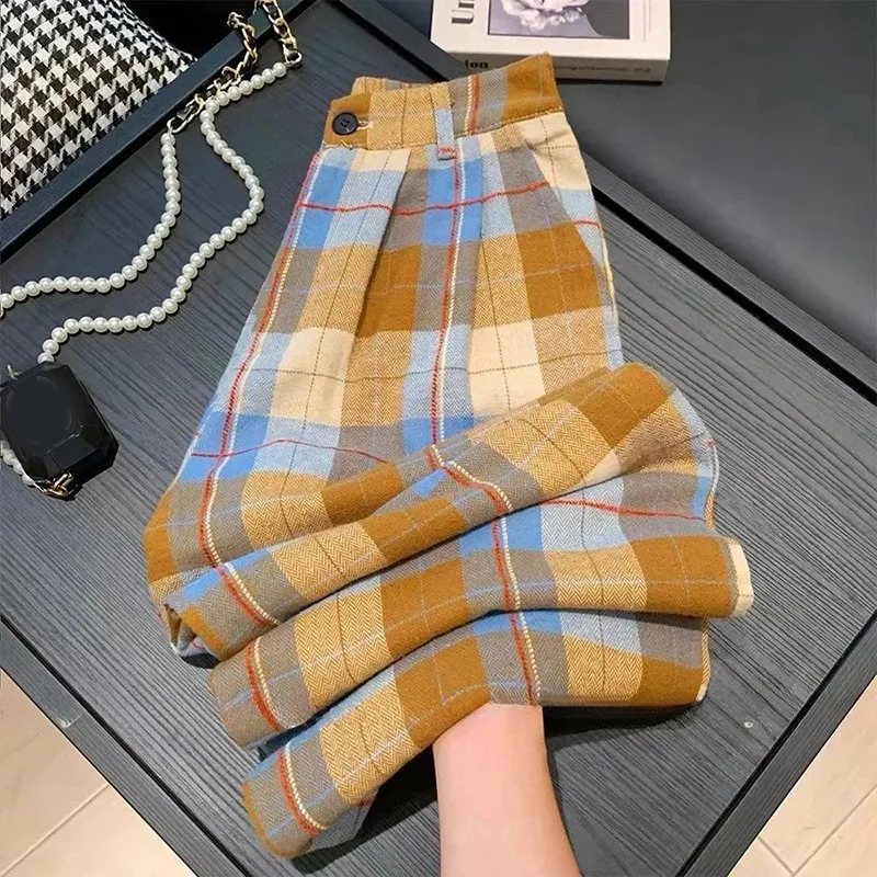 Vintage Fall Plaid Wide Leg Pants Women Casual Loose High Waist Retro Trousers American Pockets Lady High Quality Straight Pant