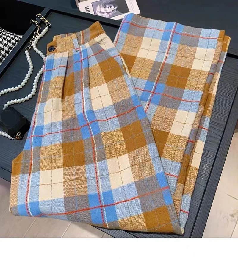 Vintage Fall Plaid Wide Leg Pants Women Casual Loose High Waist Retro Trousers American Pockets Lady High Quality Straight Pant
