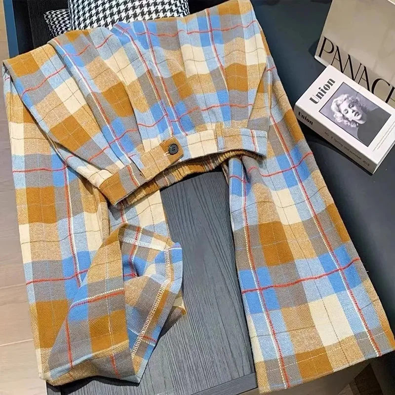 Vintage Fall Plaid Wide Leg Pants Women Casual Loose High Waist Retro Trousers American Pockets Lady High Quality Straight Pant