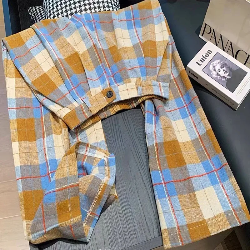 Vintage Fall Plaid Wide Leg Pants Women Casual Loose High Waist Retro Trousers American Pockets Lady High Quality Straight Pant