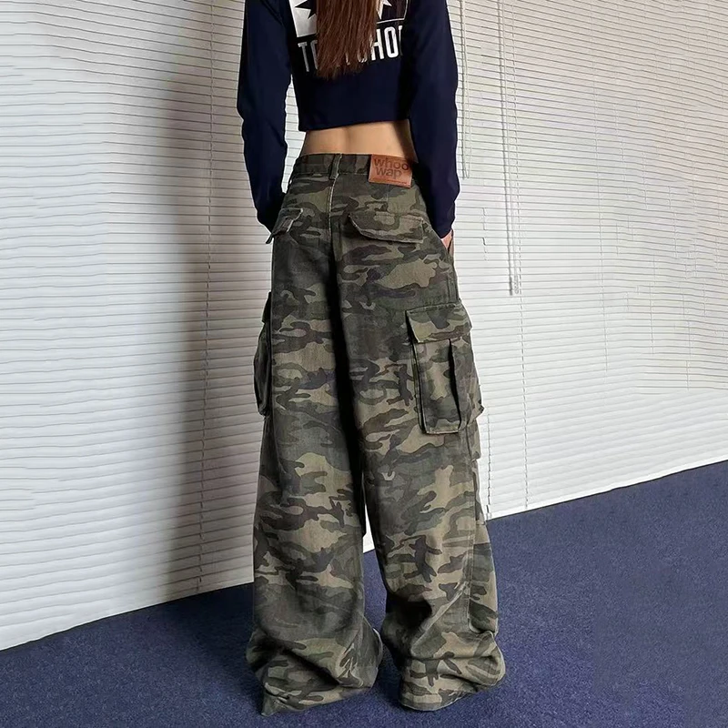 Y2K American Retro Camo Cargo Pants Female High Waist Oversized Pockets Wide Leg Pants Bf Hip Hop Streetwear Straight Trousers