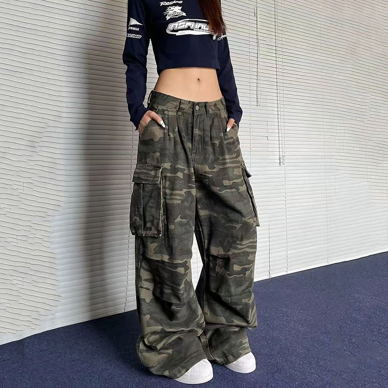 Y2K American Retro Camo Cargo Pants Female High Waist Oversized Pockets Wide Leg Pants Bf Hip Hop Streetwear Straight Trousers