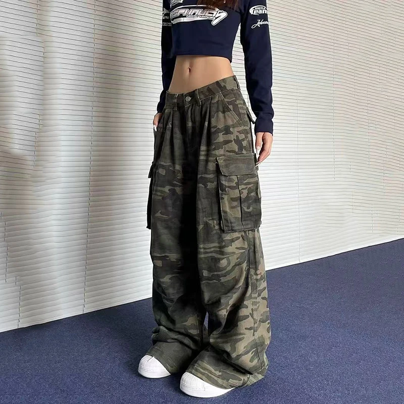 Y2K American Retro Camo Cargo Pants Female High Waist Oversized Pockets Wide Leg Pants Bf Hip Hop Streetwear Straight Trousers
