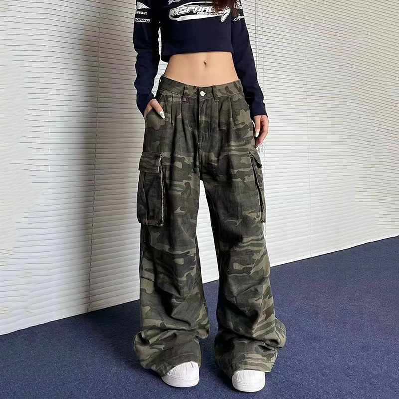 Y2K American Retro Camo Cargo Pants Female High Waist Oversized Pockets Wide Leg Pants Bf Hip Hop Streetwear Straight Trousers