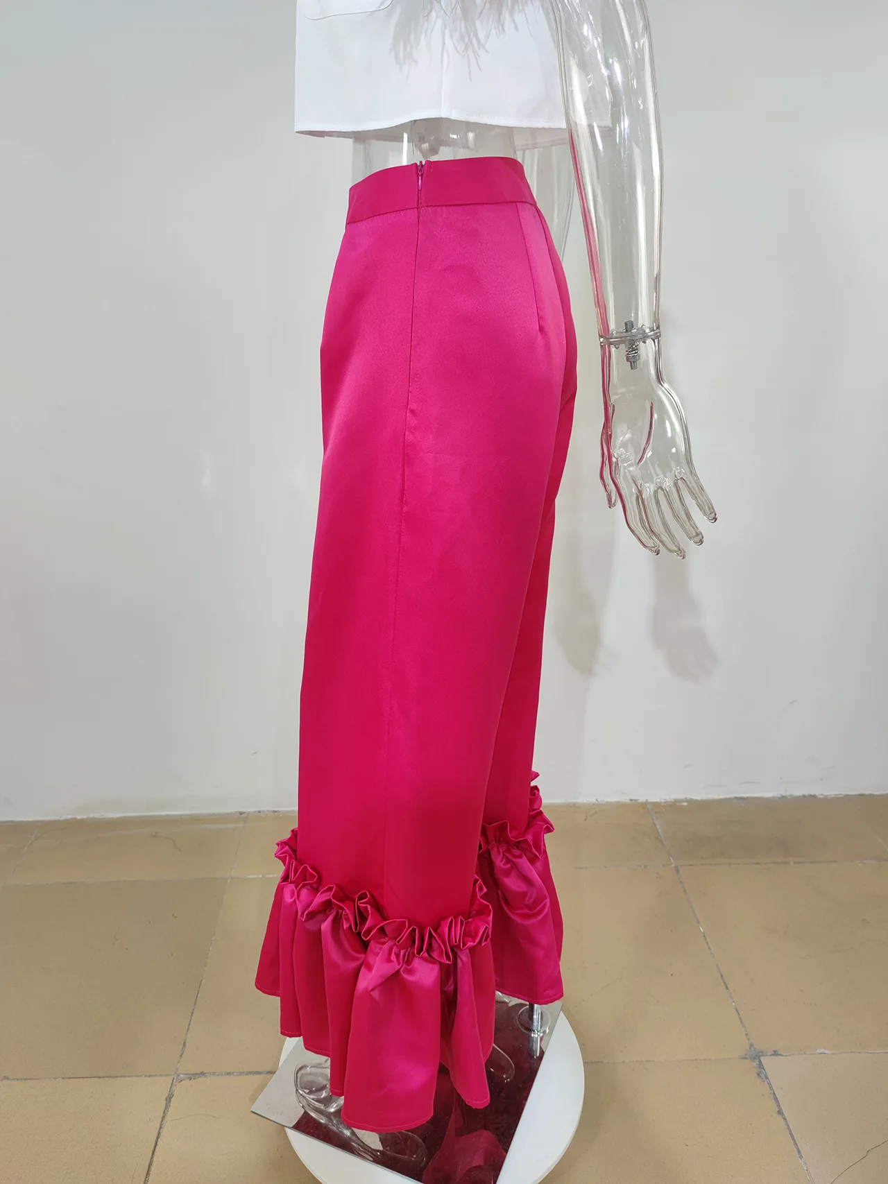 CM.YAYA Women Elegant Ruffles Hem High Waist Loose Wide Leg Flare Pants 2022 Summer Rose Red Black INS Trousers