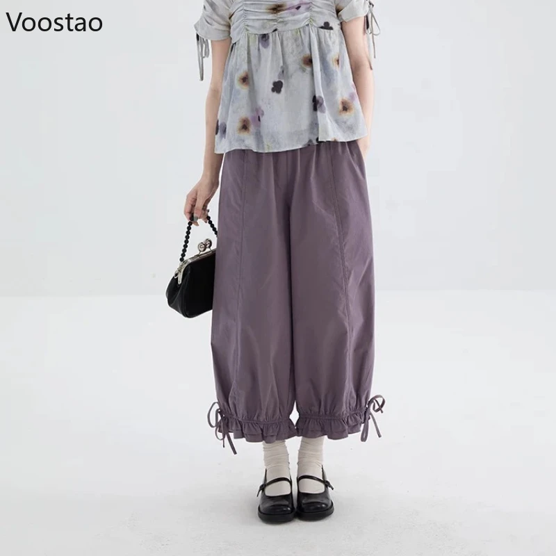 Japanese Sweet Jogger Pants Casual Women Vintage Cute Ruffles Loose Straight Trousers Girls Harajuku Sweatpants Y2k Aesthetic