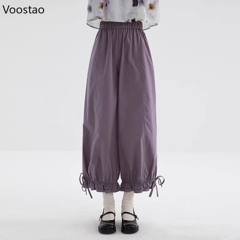Japanese Sweet Jogger Pants Casual Women Vintage Cute Ruffles Loose Straight Trousers Girls Harajuku Sweatpants Y2k Aesthetic