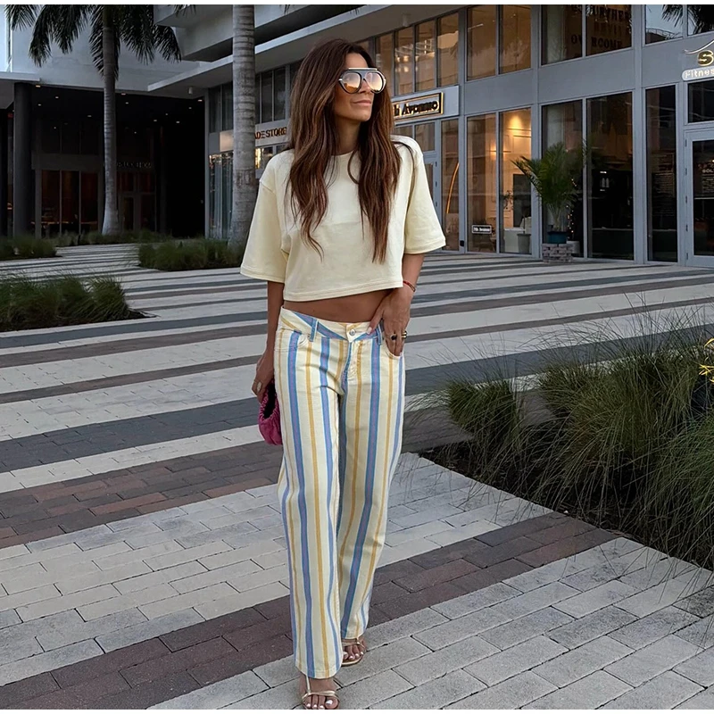 Women Striped Trousers Curved Knife Jeans High Waist Contrasting Color Loose Versatile Casual Long Pants Women's Aladdin Pants