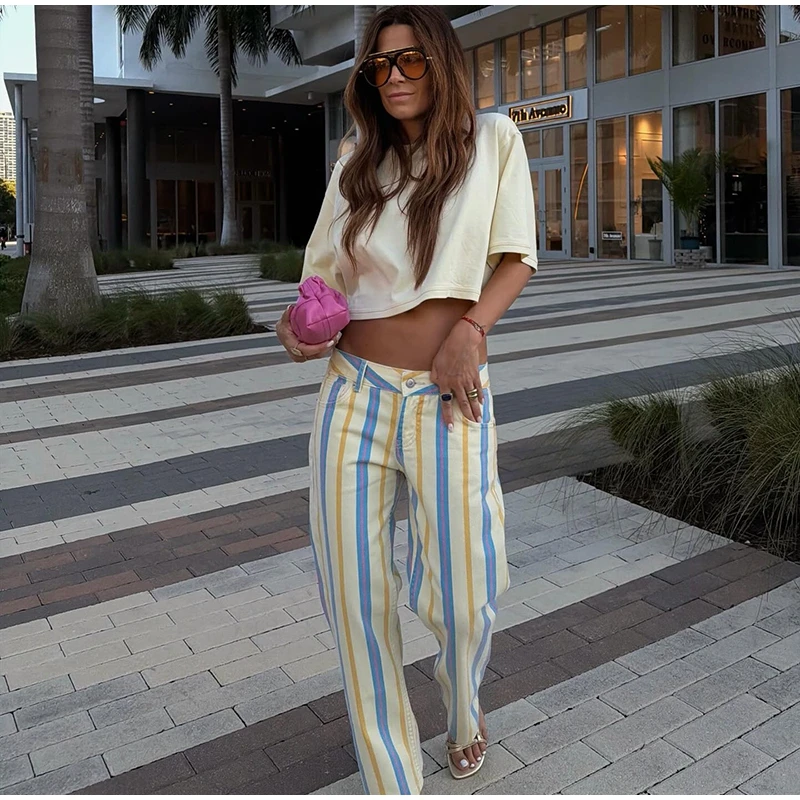Women Striped Trousers Curved Knife Jeans High Waist Contrasting Color Loose Versatile Casual Long Pants Women's Aladdin Pants